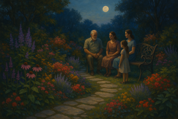 A family in a lush garden at twilight with colorful plants and a stone path to a vintage wrought iron bench.