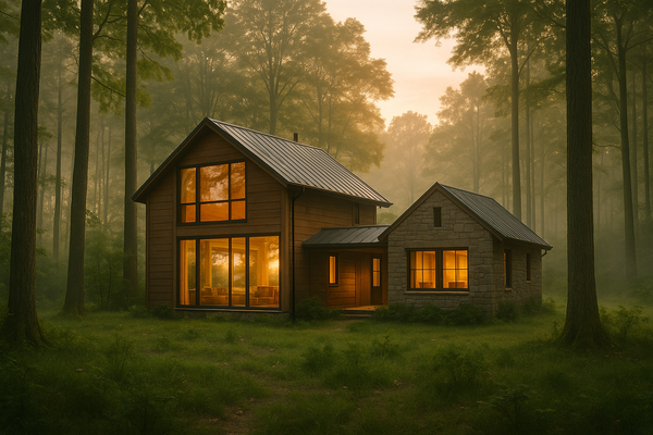 A serene family retreat in a forest, blending modern and rustic architecture with dawn lighting.