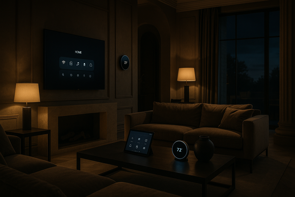 A sophisticated living room with smart home devices and luxurious decor, bathed in soft evening light.