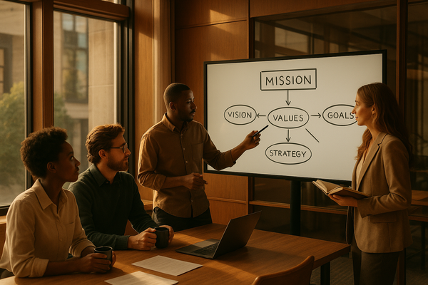 Team collaborating in a modern office, designing values-driven mission statement.