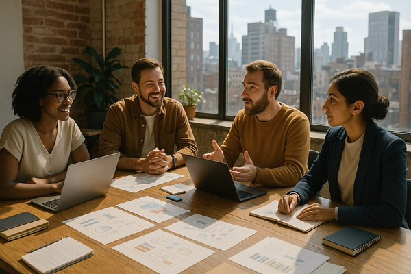 A diverse group of entrepreneurs collaborating in a sunlit office with a city view, symbolizing faith-inspired business innovation.