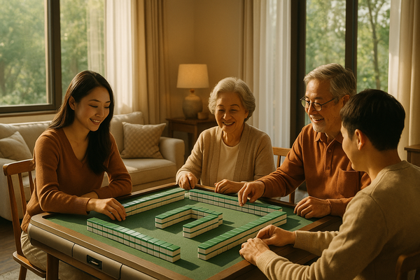 A sunlit living room with a modern mahjong table, family members engaged in a game, blending traditional and contemporary design.