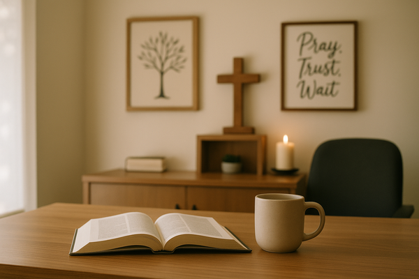 Family business office with faith-inspired art, a wooden cross, lit candle, capturing a Christ-centered atmosphere.