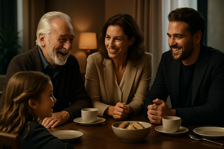 A family gathered around a table, sharing stories, symbolizing enduring traditions.