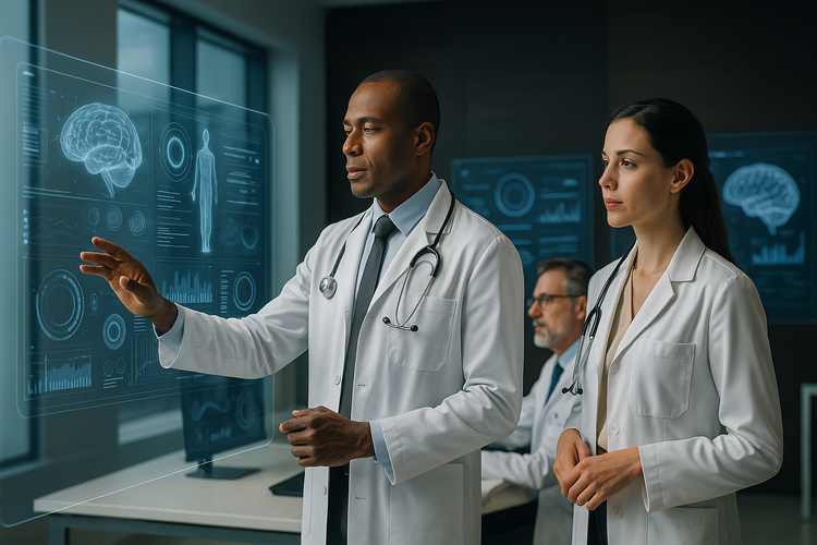 Doctors using AI technology in a modern hospital setting.