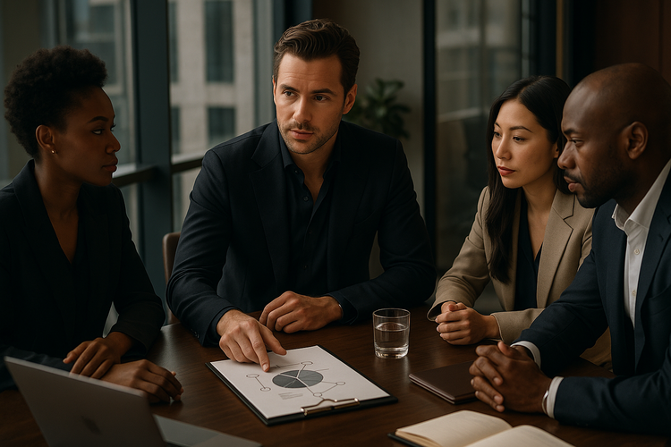 Entrepreneur planning philanthropic strategies with a team