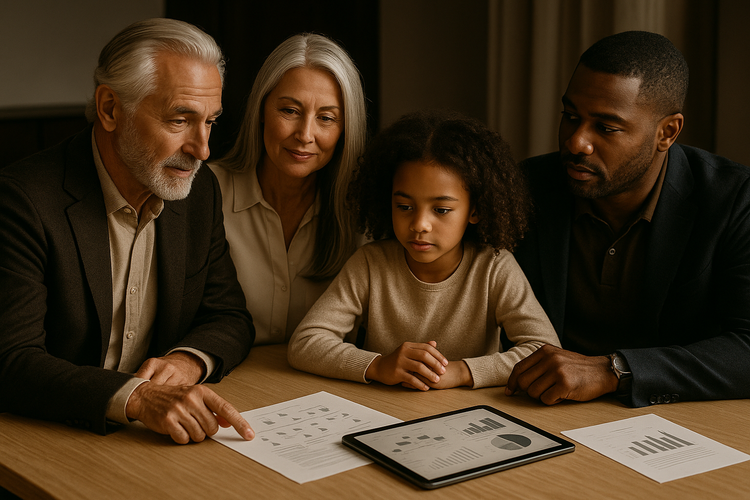 Family discussing multi-generational stewardship with documents and digital tools.