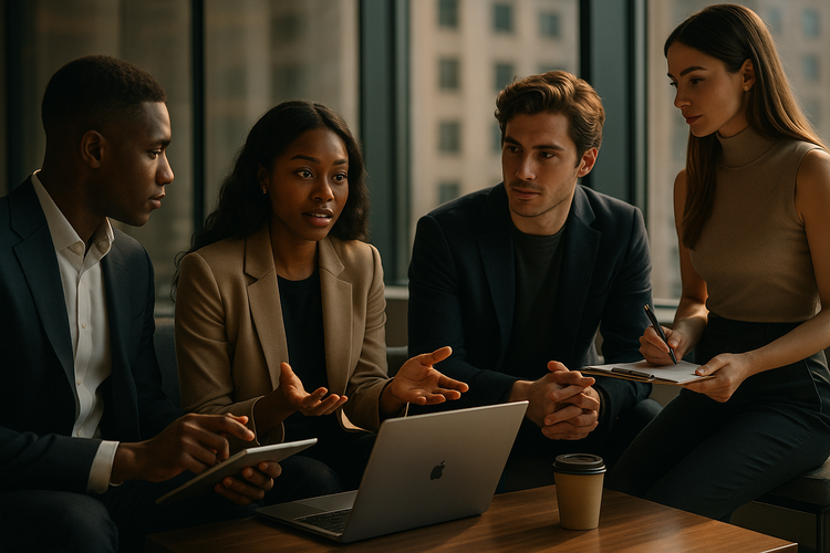 Young philanthropists using digital tools in a modern office