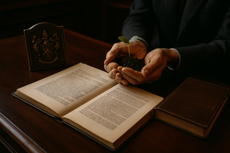 A dimly lit office with a mahogany desk displaying a family crest, an open trust deed, and a leather-bound journal.
