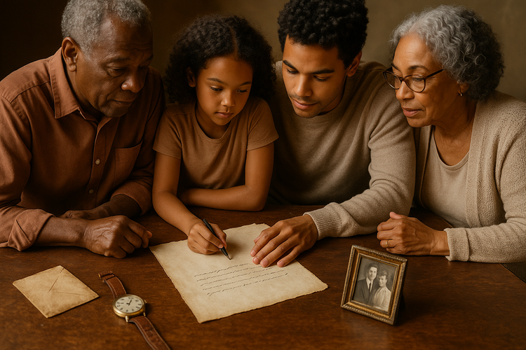 A diverse family collaborating around a wooden table, creating their mission statement, surrounded by heirlooms and photos.
