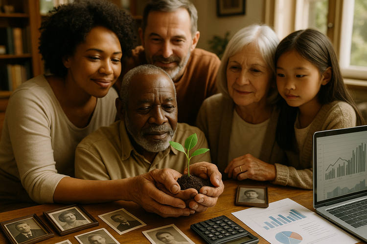 A diverse family in a sunlit home office, blending vintage photos with modern planning tools.