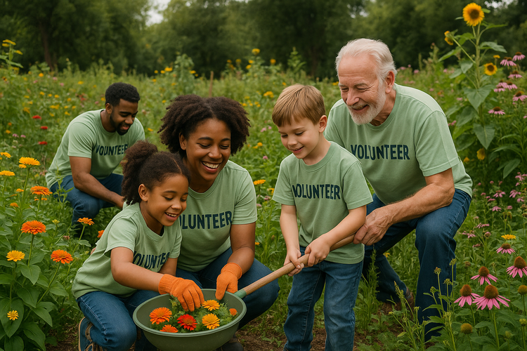 A diverse family volunteering in a community garden, surrounded by vibrant flowers, illustrating connection and service.