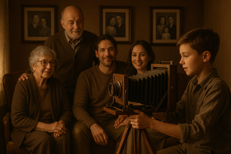 A family gathered around an antique camera in a warmly lit room with family portraits on the walls, capturing the essence of family legacy through photography.