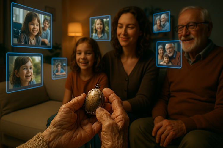 A family in a modern living room with digital screens displaying family memories.