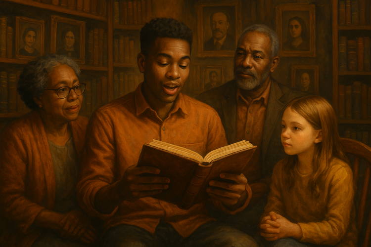 A family in a warmly lit library, reading a leather-bound journal, surrounded by old books and family portraits.