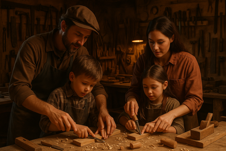 A family in a workshop engaged in woodworking, with parents teaching children, showcasing craftsmanship and legacy.