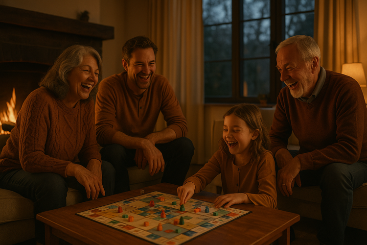 A family laughing together over a board game in a cozy living room with a fireplace.