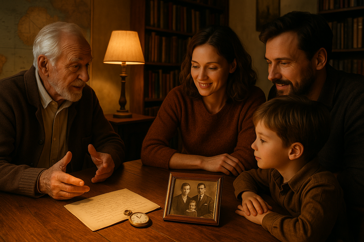 A family sharing stories around a table with heirlooms and vintage photographs, enveloped in warm lighting, symbolizing legacy and tradition.