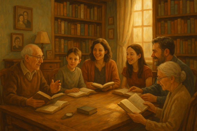 A multi-generational family gathered in a cozy library, engaged in a lively book club discussion surrounded by shelves of books and warm sunlight.