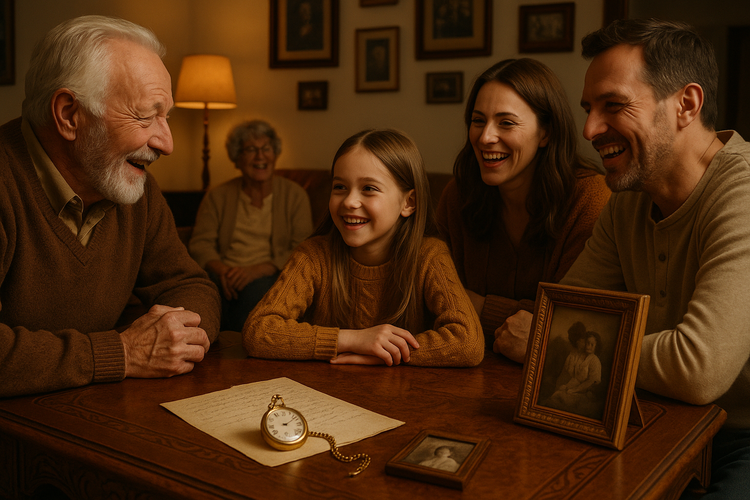 A multi-generational family gathered around a wooden table, surrounded by heirlooms and photographs, sharing stories in a warmly lit room.