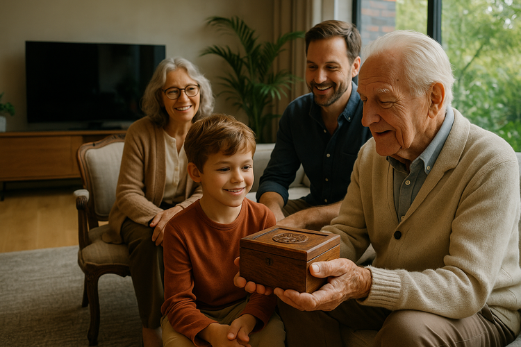 A multi-generational family in a modern living room, blending heirloom furniture with technology, surrounded by natural light and greenery.