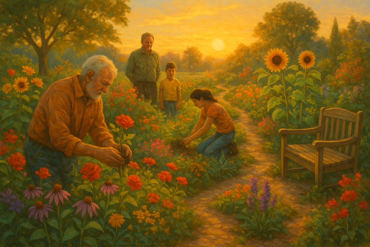 A multi-generational family tending to a vibrant garden filled with symbolic plants at sunset, embodying legacy and continuity.