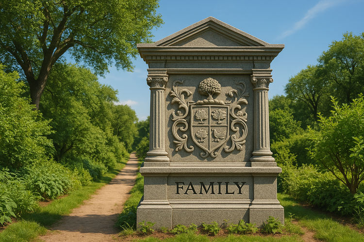 A stone family monument surrounded by greenery, with intricate carvings and engraved symbols.