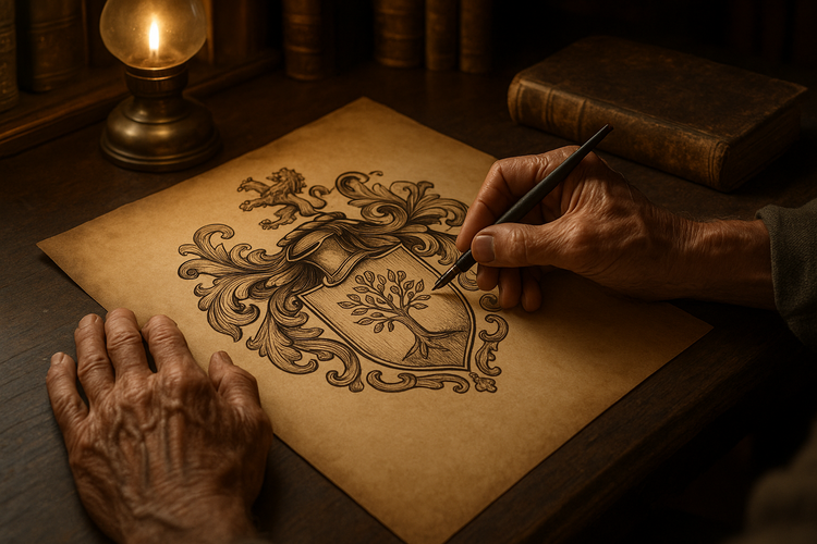 Detailed family crest hand-drawn on parchment in a study with antique furnishings, under warm lighting.