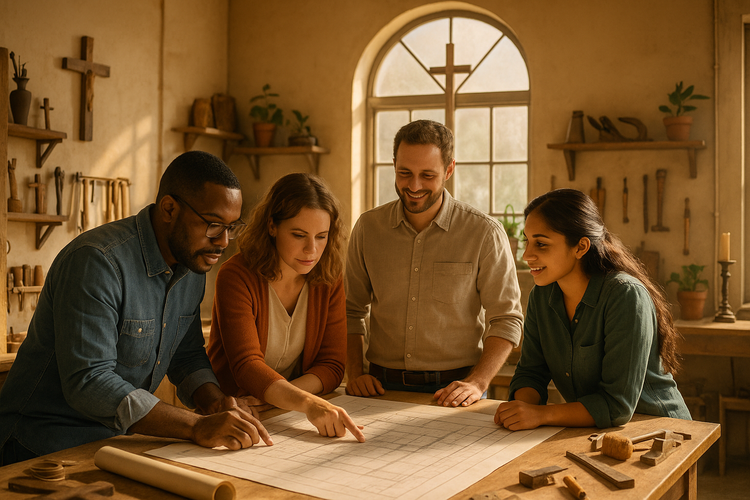 Diverse entrepreneurs in sunlit workspace with Christian symbols