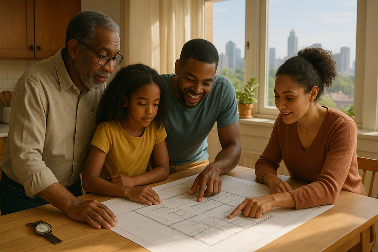 Family discussing a real estate project in a sunlit kitchen, with a skyline view, symbolizing future planning and legacy building.