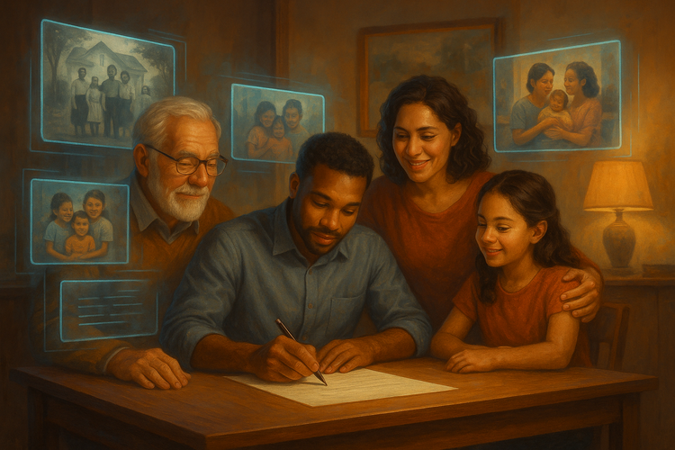 Family gathered drafting mission statement with holographic screens and a blend of traditional and digital art.