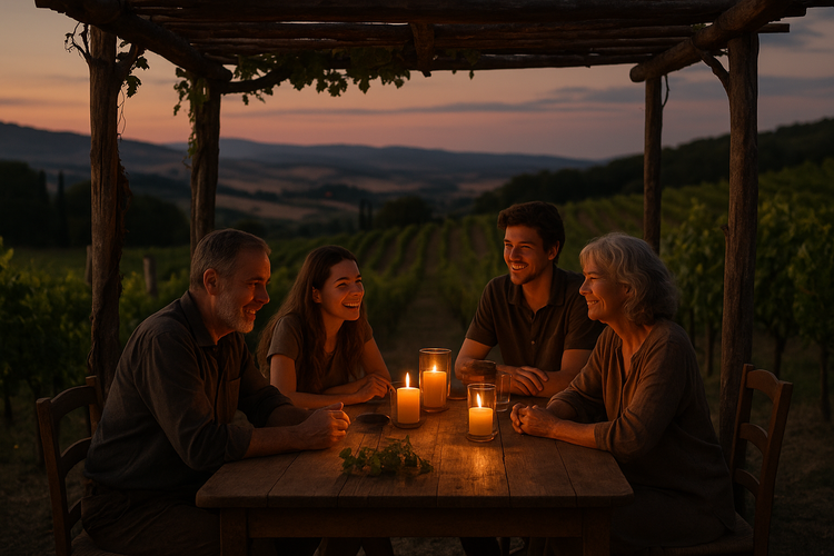 Family gathered on a Tuscan vineyard at dusk, sharing stories under a pergola.