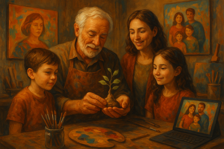 Family in a studio with vibrant artwork, traditional tools, and digital screens, embodying creativity and legacy.