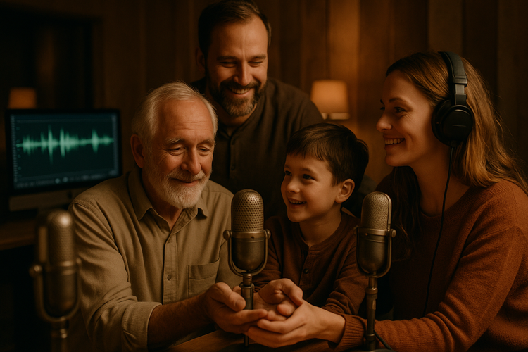 Family in a warmly lit recording studio with vintage microphones and digital screens displaying audio waveforms.