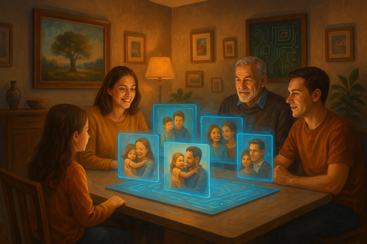 Family sitting around a table with holographic screens of family memories, blending tradition and technology.