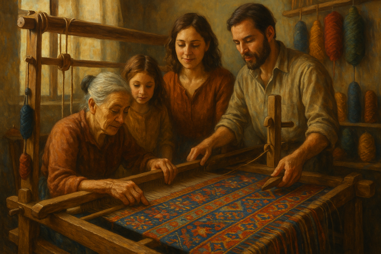Family weaving textiles on a wooden loom, surrounded by colorful threads and ancestral patterns.