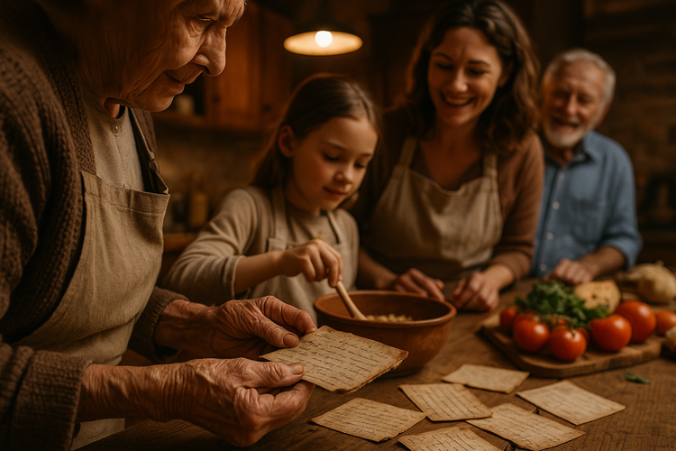 Multi-generational family cooking in a rustic kitchen, surrounded by handwritten recipes and fresh ingredients, under warm lighting.