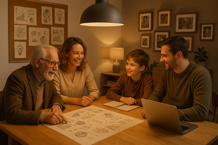 Multi-generational family in a home office with business ideas and family photos, symbolizing legacy and innovation.