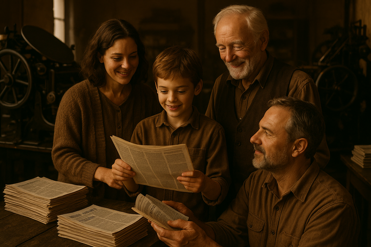 Multi-generational family in a print shop with vintage presses and newspapers.