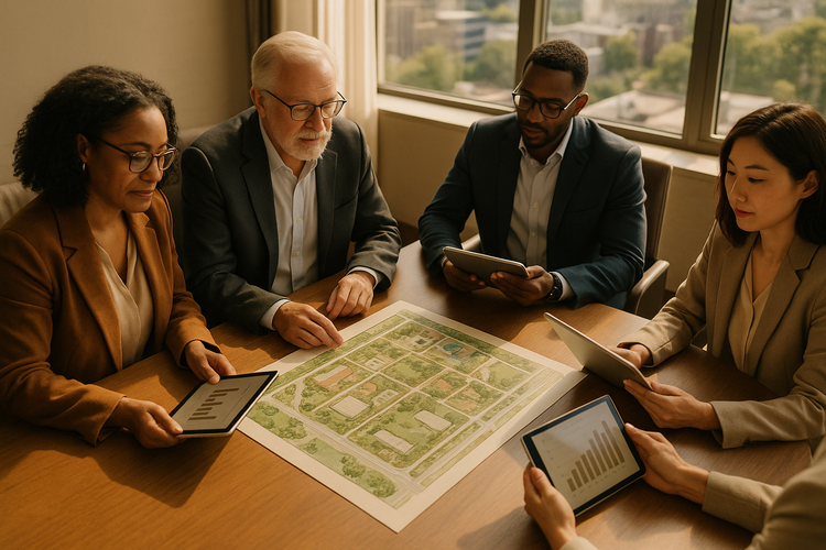 Philanthropists in a modern boardroom reviewing community project plans, symbolizing strategic giving.