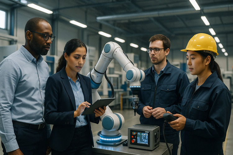 Professionals in a modern manufacturing facility using AI technology.