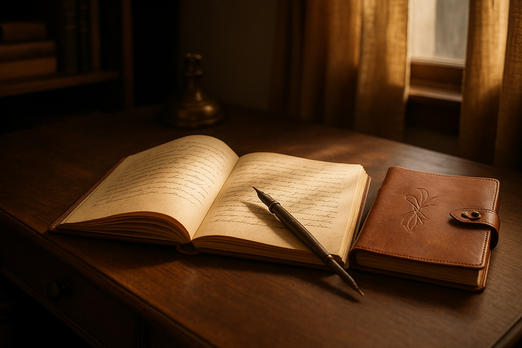 A cozy study with a leather-bound journal and an ink pen on a vintage wooden desk, illuminated by warm sunlight.