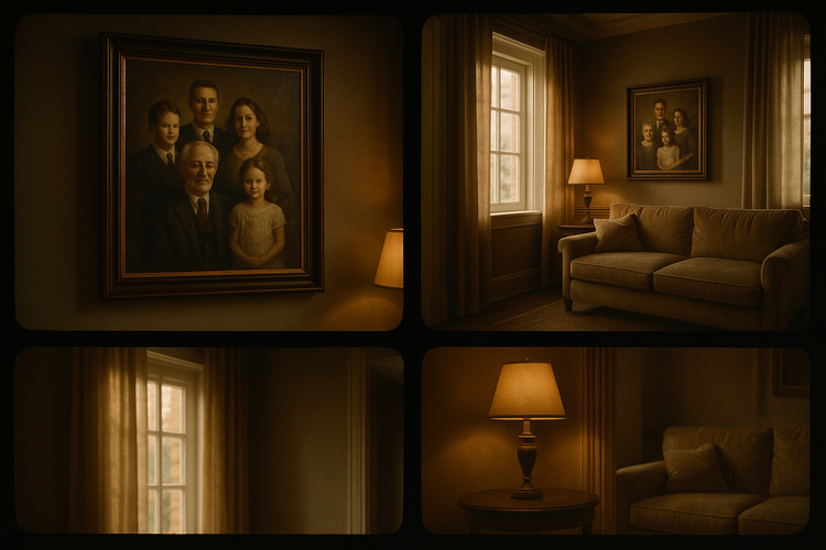 A custom family portrait in an elegant living room, illuminated by soft natural light.