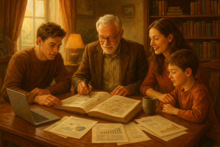 A family gathered around a table creating a family investment book, with warm decor and financial documents.