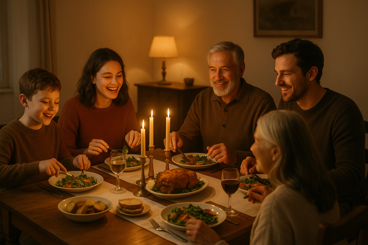 A family gathered around a warmly lit dinner table, sharing a meal, with candlelight creating an inviting and intimate atmosphere.