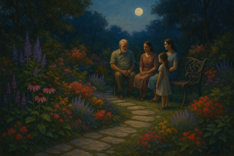 A family in a lush garden at twilight with colorful plants and a stone path to a vintage wrought iron bench.