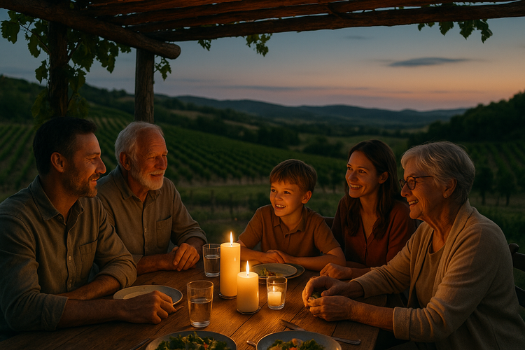 A family sharing stories at a candlelit table under a rustic pergola in a vineyard, illustrating legacy and tradition.