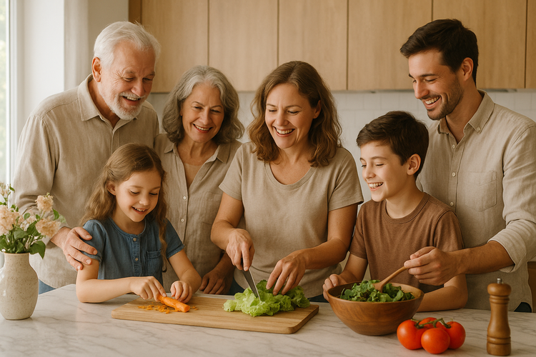 A multi-generational family gathered in a sunlit kitchen, preparing a meal together on a large island, symbolizing connection and legacy.