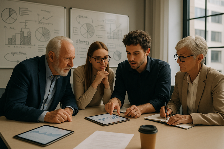 A multi-generational family in a modern conference room, engaged in a planning session with whiteboards and digital tablets, embodying legacy and collaboration.