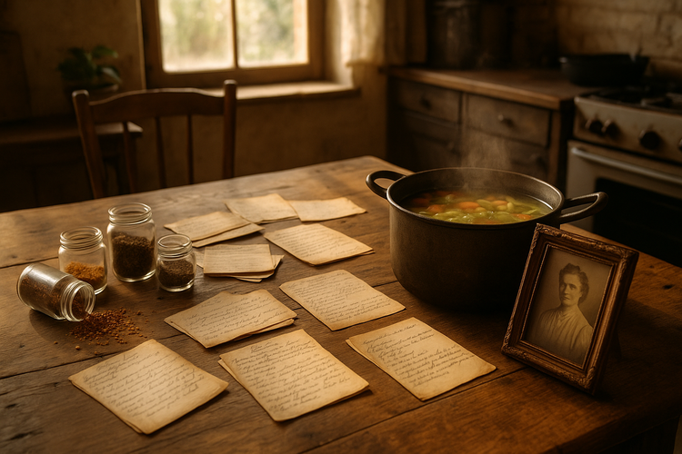 A rustic kitchen table with recipe cards and cooking ingredients, evoking family heritage.